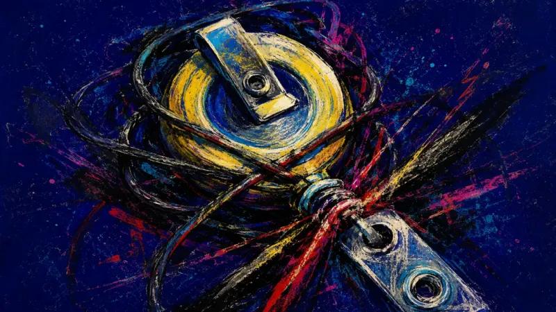 Jammed Access An abstract image of workplace dating ambiguity, with a jammed badge reel showing anxiety, stalled,