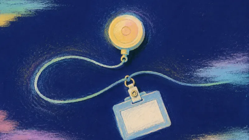 Steady Return An abstract image of workplace dating uncertainty easing into clear boundaries, with a badge reel,