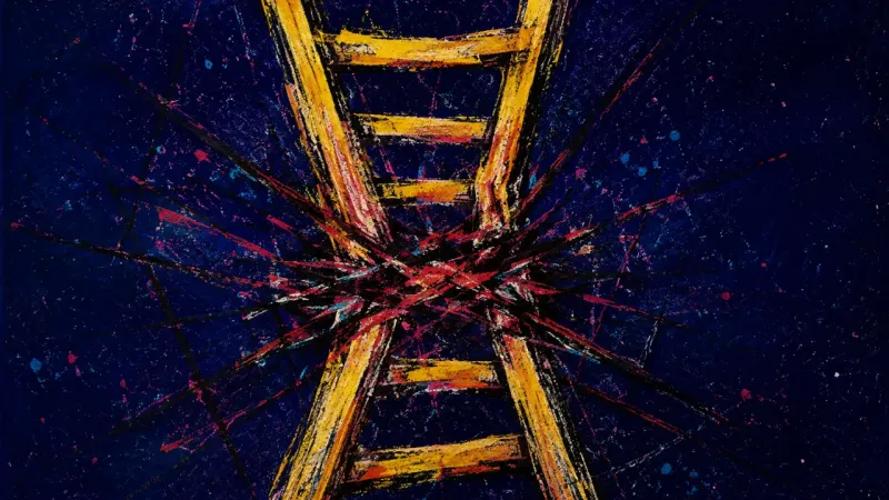 Stalled Ascent A distorted ladder trapped in chaotic pressure lines, representing decision paralysis and the stress