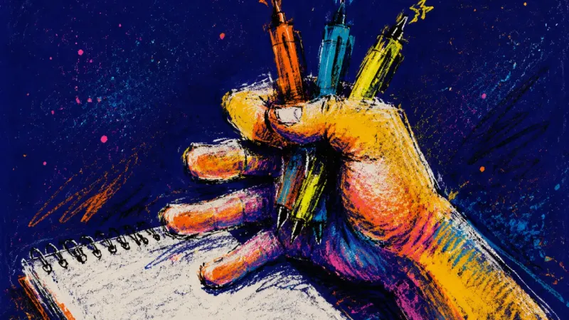 The Split Grip A fist gripping three uncapped pens above a blank pad, symbolizing the burnout spiral of starting a3