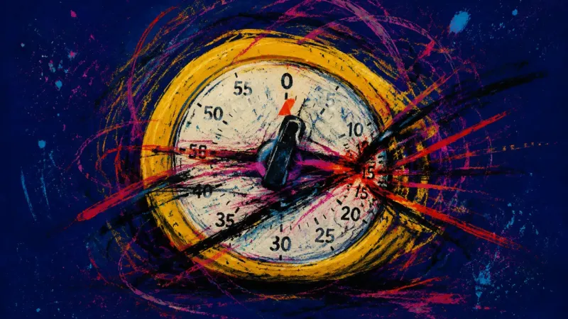 A warped dial timer trapped in repeated resets, expressing perfectionist pressure, interruption, an