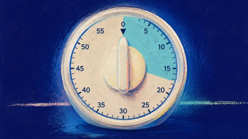 A restored dial timer holding one steady interval, symbolizing focus that continues through distract