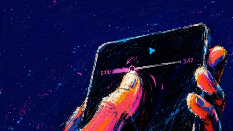 Back to Track One A thumb drags the same song back to the start on a phone, showing a nostalgia loop that delays one a