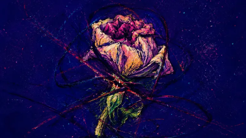 Crushed Bloom A flower crushed and tangled by looping marks, showing nostalgia that delays action and keeps iden