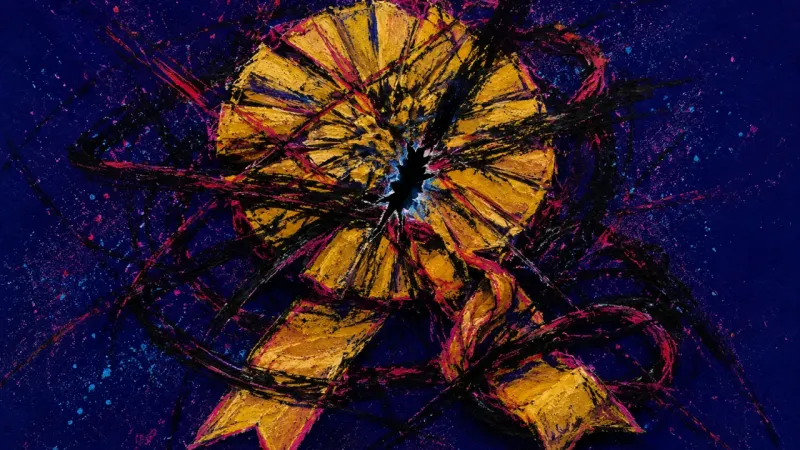 Crushed Merit A rosette crushed and tangled by harsh marks, representing career worth tied to prestige, perfection