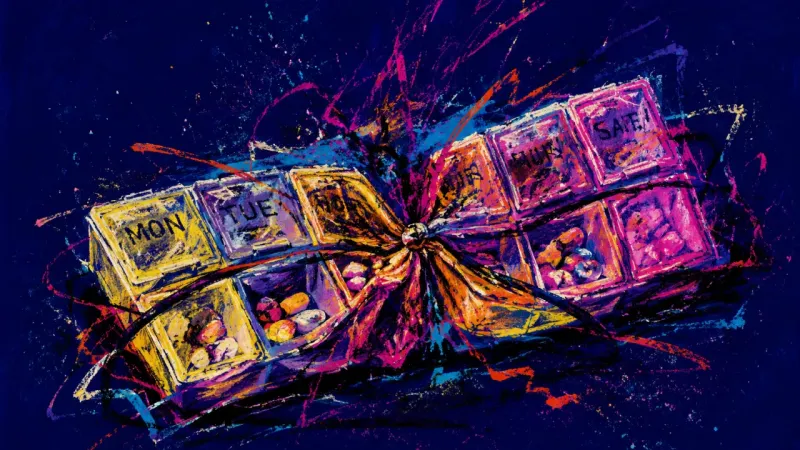 Grid Under Strain A pill organizer warped into a compressed, tangled grid, representing burnout overload, guilt, and t
