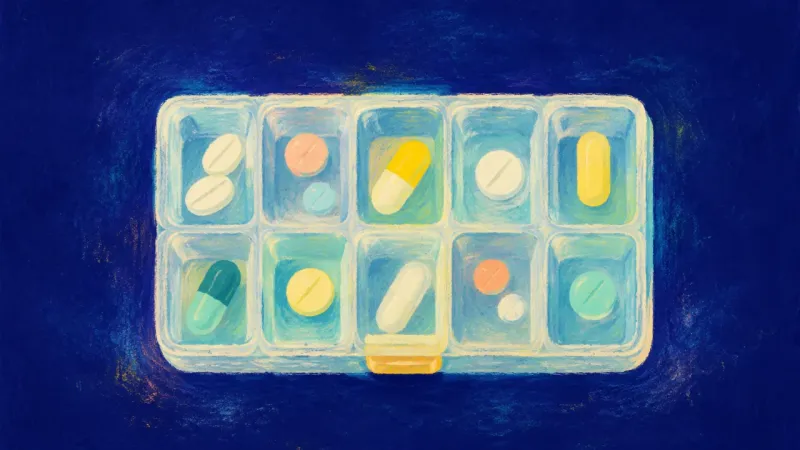Measured Return A pill organizer restored to a clean, even grid, representing a baseline-first reset, steadier self