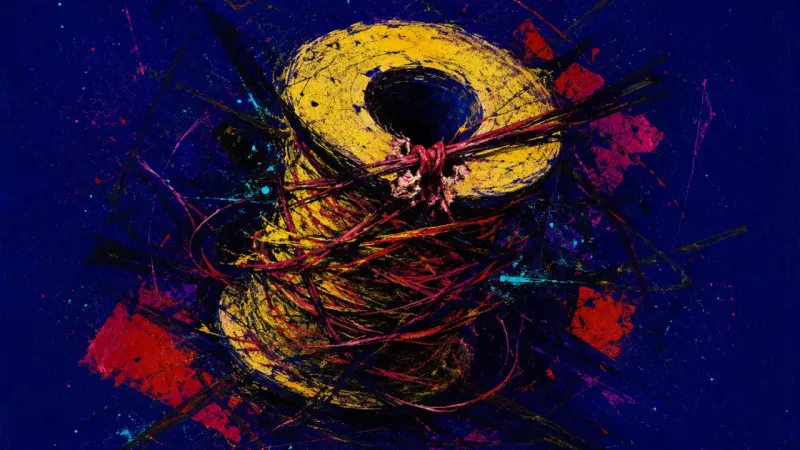 Crossed Thread An abstract spool crushed into knots and crossed lines, representing self-doubt, overediting, and