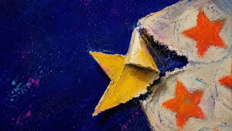 The Last Gold Star A reward sticker sheet with one star half-peeled and crumpled, reflecting study anxiety tied to old,