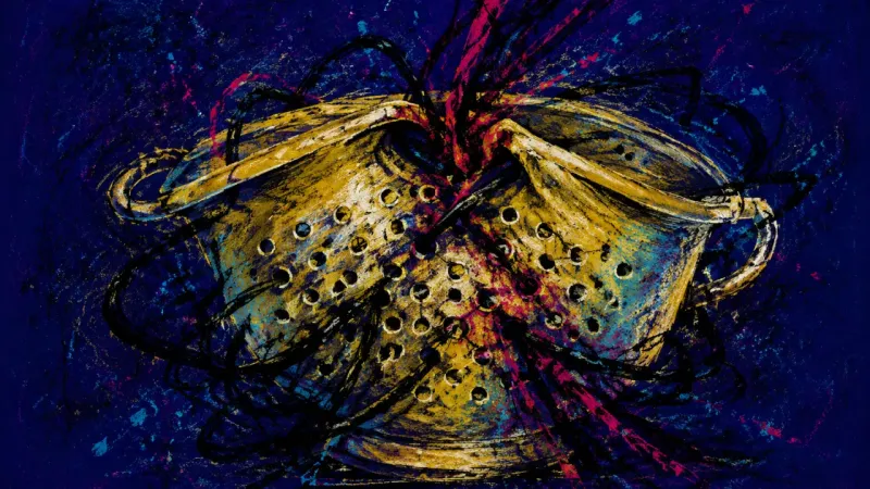 Choked Channels A distorted colander tangled in harsh lines, representing Sunday-night dread and the pressure to m
