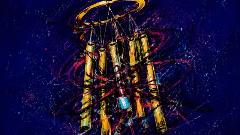Muted Frequency A tangled wind chime jammed into itself, representing read-receipt rejection, compulsive checking,