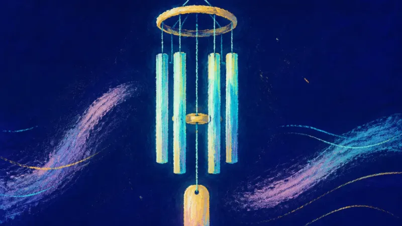 Clear Resonance A balanced wind chime with open spacing and centered order, representing clear outreach, calmer self