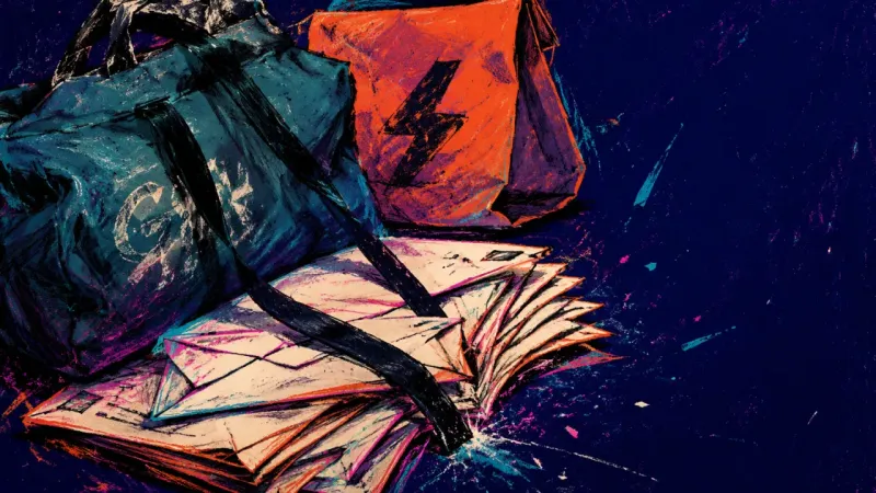 The Counter Verdict A slumped gym tote and collapsed delivery bag crushing unopened envelopes, showing how daily-life 부담
