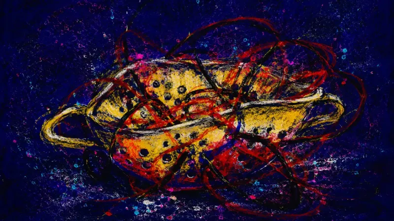 Choked Rhythm A distorted colander tangled in chaotic lines, showing everyday overload, perfectionism, and a suffo