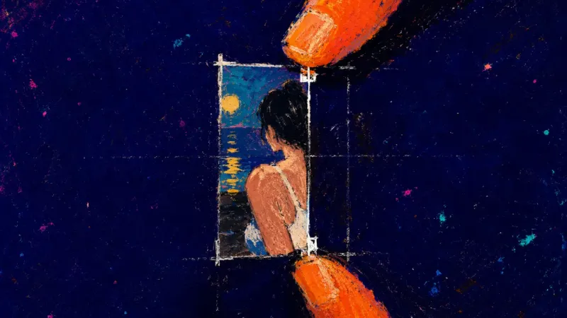 The Smaller Version Two fingertips keep shrinking a photo crop on a phone, suggesting the urge to edit yourself before a