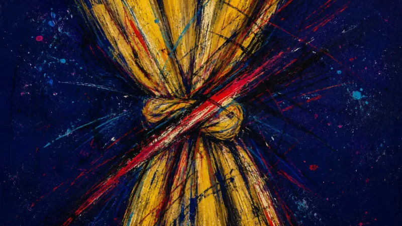 A curtain pulled into a hard knot and crossed by chaotic marks, capturing social-media visibility f
