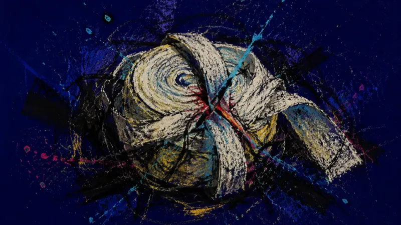 Bound Into Silence A bandage roll crushed into tight wraps and harsh tangles, representing self-silencing and the fear