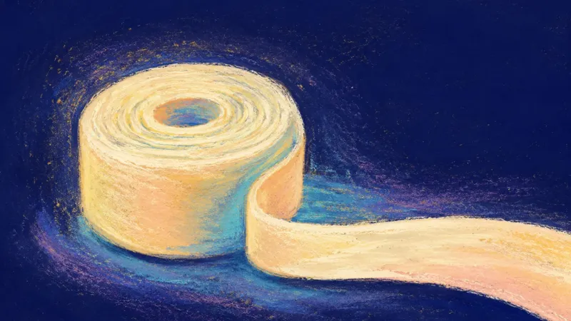 Gentle Unbinding A bandage roll gently unspooled into a clear, balanced form, representing calm self-advocacy and the