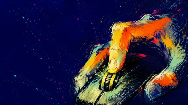A hand gripping a computer mouse and grinding the wheel back and forth, capturing late-night over-re