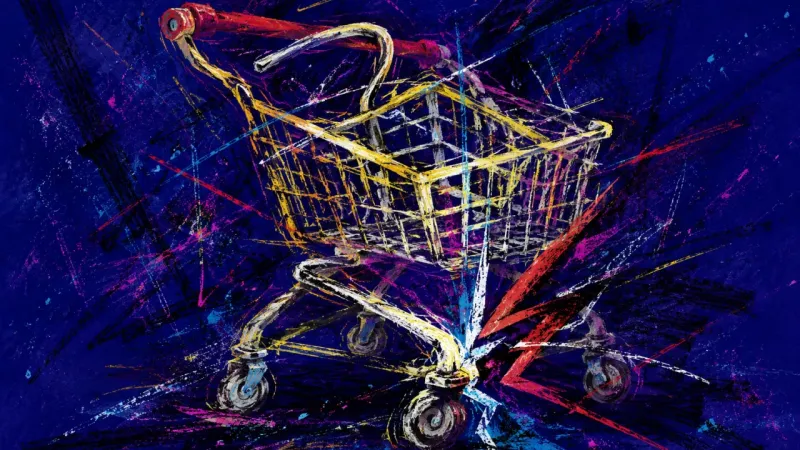 A distorted shopping cart trapped in dense tangles, representing promotion indecision, deadline pres