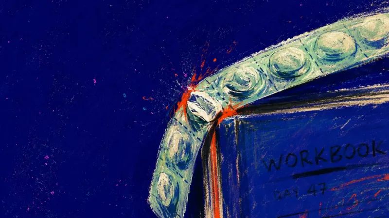 The Deferred Dose An unopened vitamin blister bent around a workbook corner, symbolizing health habits crushed under a