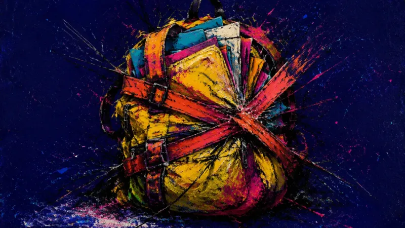 Strapped to Excess A backpack buckling under an impossible load, symbolizing the overload loop where school, work, and.