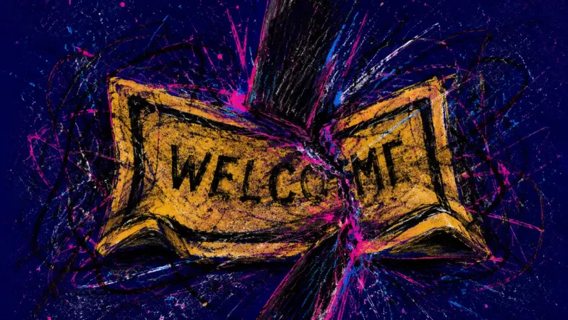 Threshold Fatigue A distorted welcome mat packed with crushing marks and tangled pressure, representing burnout from