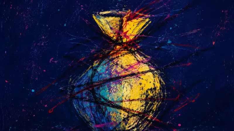 Pinched Vessel An abstract vase squeezed inward by chaotic pressure, representing public scrutiny, bracing tension,