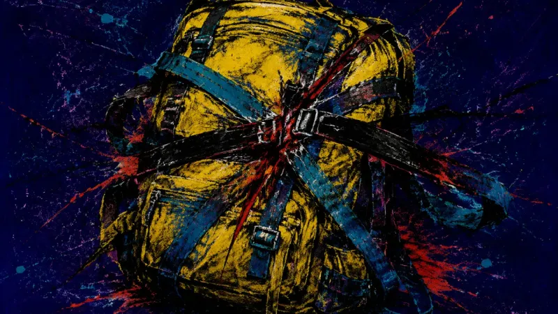 Borrowed Weight A warped backpack trapped in tangled straps, representing family guilt overriding autonomy and,
