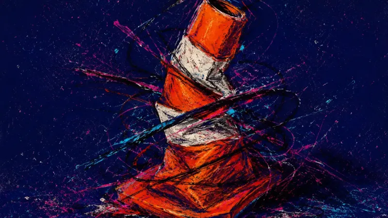 A traffic cone bent and trapped in chaotic marks, representing people-pleasing in friendship and the