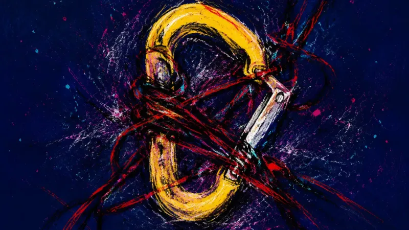 Forced Open An abstract carabiner warped open and tangled under pressure, representing fear-driven overfunction