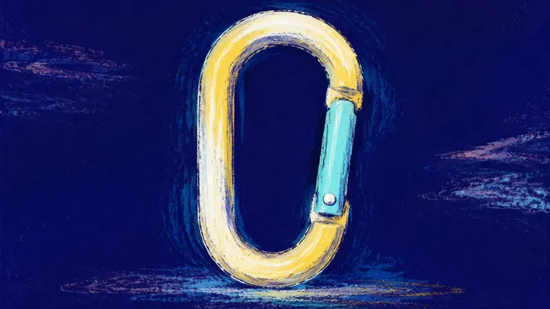 Measured Closure An abstract carabiner restored to a clean closed form, representing clear agreements, steady borders