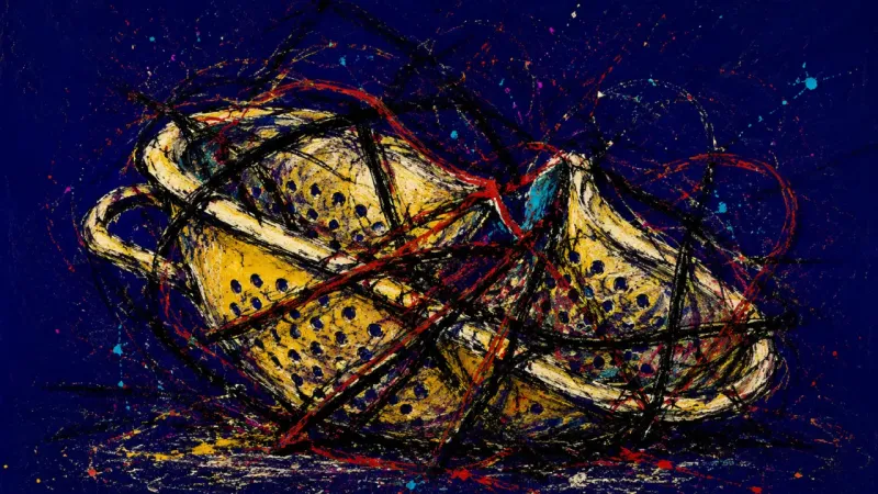Clogged Signal An abstract colander collapsed and clogged by dense lines, expressing choice paralysis, résumé press
