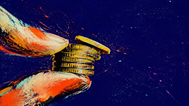 The Cost of Enough Two fingers clamp a small stack of coins until the top coin slips sideways, reflecting spendingxiety