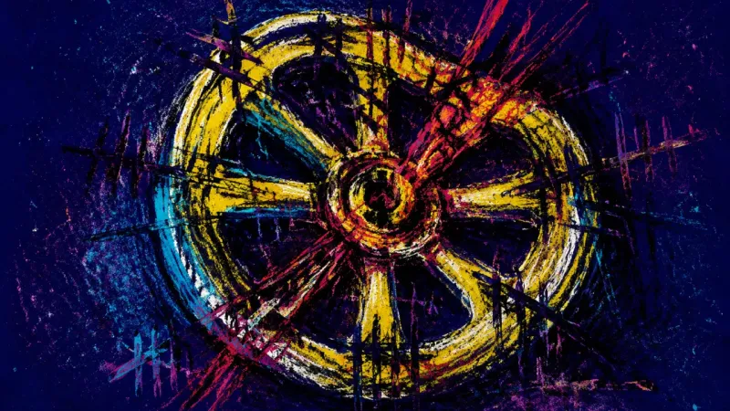 Choked Flow A valve wheel warped nearly shut by chaotic marks, expressing inherited scarcity anxiety and the