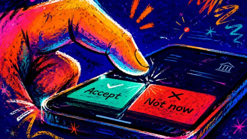 Suspended Permission A hand holds a phone while the thumb freezes between “Accept” and “Not now,” symbolizing fear of not