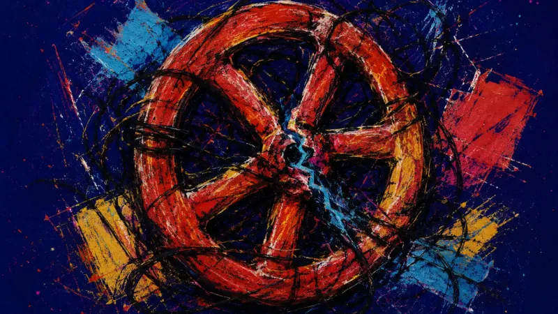 Jammed Control A distorted valve wheel jammed by dense crossing marks, symbolizing money anxiety, self-doubt, and a