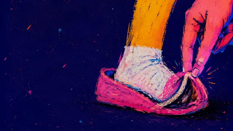 The Silent Step A tense foot bends a house slipper at the toe to test a quiet step, reflecting how autonomy shrinks,