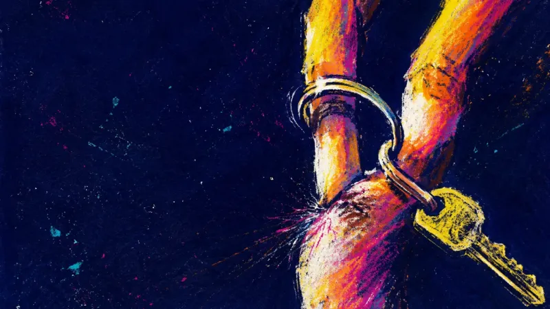 Two tense fingers twist a single keyring into a warped figure eight, reflecting fear that closeness,