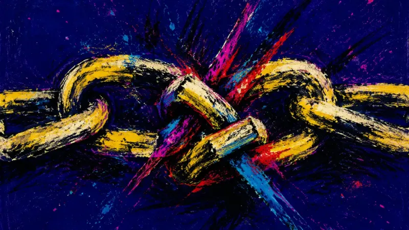 A chain twisted into a suffocating knot, representing commitment pacing anxiety, imagined obli,