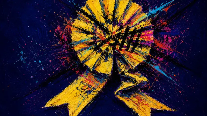 Crushed Approval A warped award rosette tangled in harsh scoring marks, representing performance anxiety and self-wor