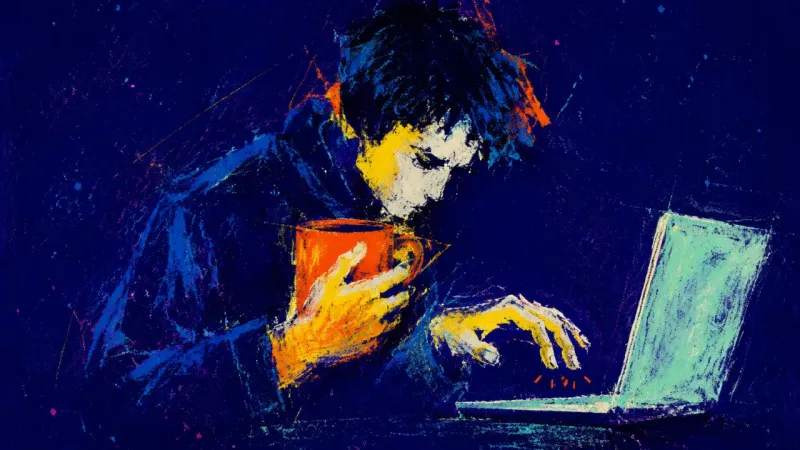 A hunched figure over a laptop grips a mug while stopping just short of typing, reflecting perfe៎ion