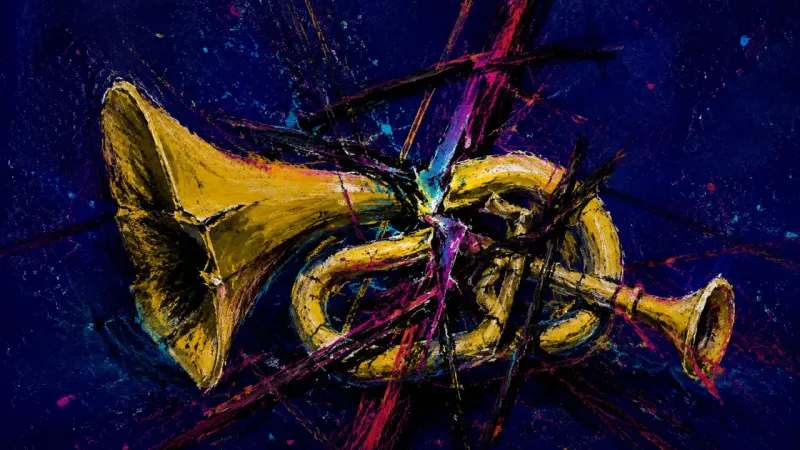 A trumpet bent into a dense tangle, expressing perfectionism, self-doubt, and fear of judgment when