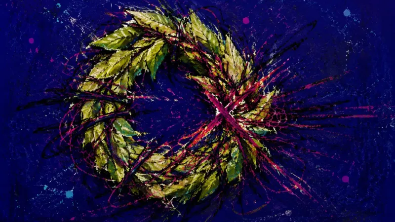 A distorted wreath squeezed almost shut, representing how a birthplace label can constrict identity.