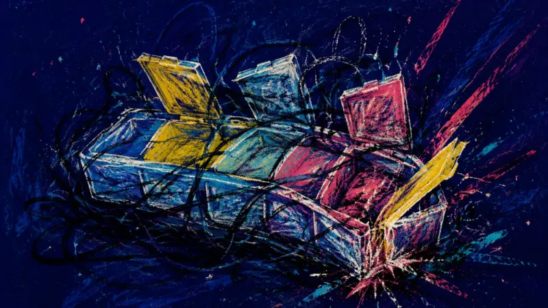 Compartment Siege A distorted pill organizer tangled in pressure lines, showing caregiving overload, guilt, and a mind