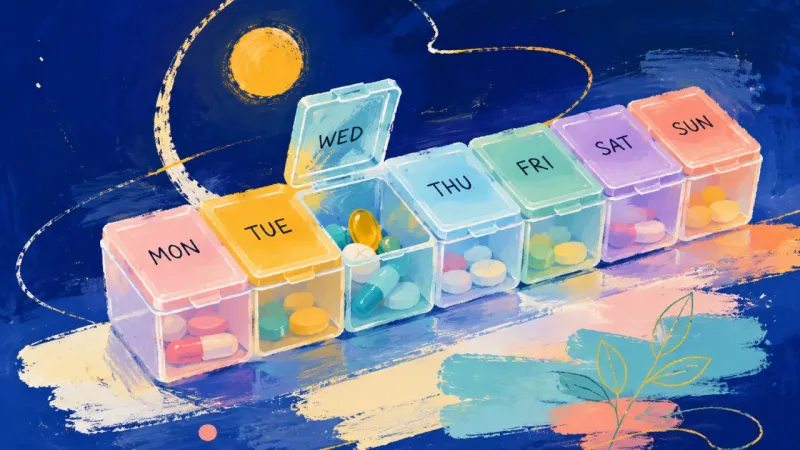 Shared Order A pill organizer returns to clean alignment, showing shared responsibility, steadier boundaries, and