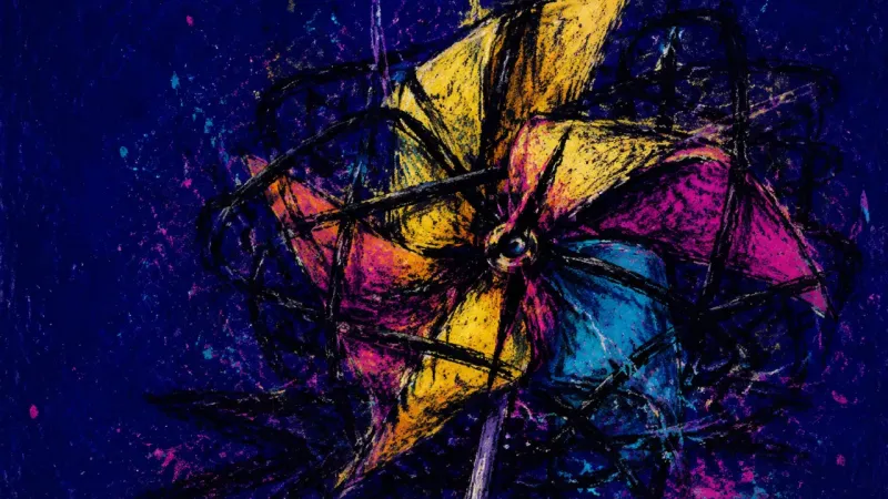 Jammed Rotation An abstract pinwheel crushed into tangled motion, representing overwhelm, compulsive reprioritizin