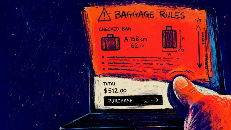 The Endless Fine Print A thumb enlarges airline baggage rules on a checkout screen while the purchase sits untouched, echoi