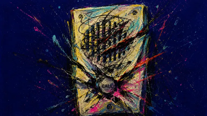 Choked Signal An abstract intercom warped and choked by frantic marks, representing ghosting-driven overthinking,