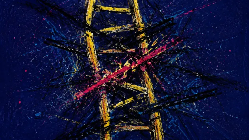Stalled Rungs A warped ladder tangled in dense marks, representing study paralysis, fear of visibility, and the 1.
